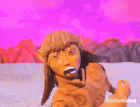 a cartoon character is standing in the snow with a purple sky in the background