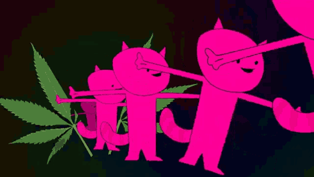 a group of pink cats standing next to each other with a marijuana leaf in the background