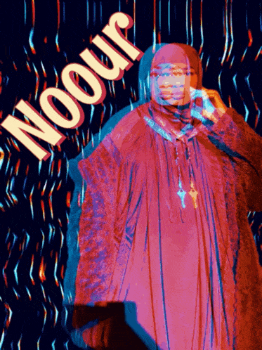 a woman in a hijab with the word noour written on the bottom
