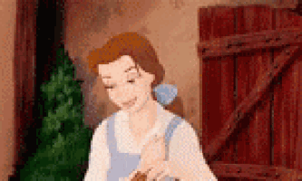 a cartoon of belle from beauty and the beast standing in front of a red door .