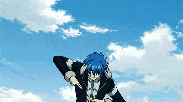 a blue haired anime character with a peace sign on his chest