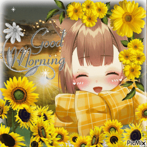a picture of a girl surrounded by sunflowers with the words good morning written on it