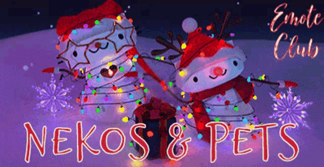 nekos & pets is written on a purple background with snowmen