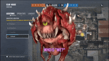 a video game screen shows a monster and the words " who is we " at the bottom