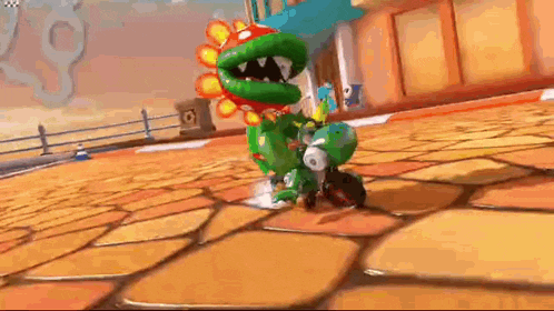 a cartoon character is riding a scooter on a brick road .