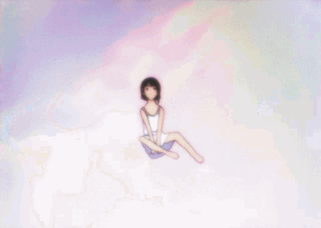 a girl in a white dress is sitting on a rainbow background