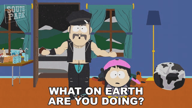 a south park cartoon shows a man and a girl standing in a room