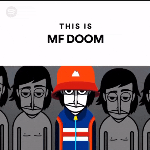 a cartoon of a man wearing an orange hat with the words this is mf doom on the bottom