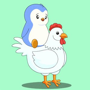 a penguin is sitting on the back of a chicken