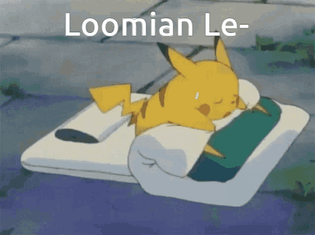 a pikachu is laying on a bed with the words loomian le- written above it