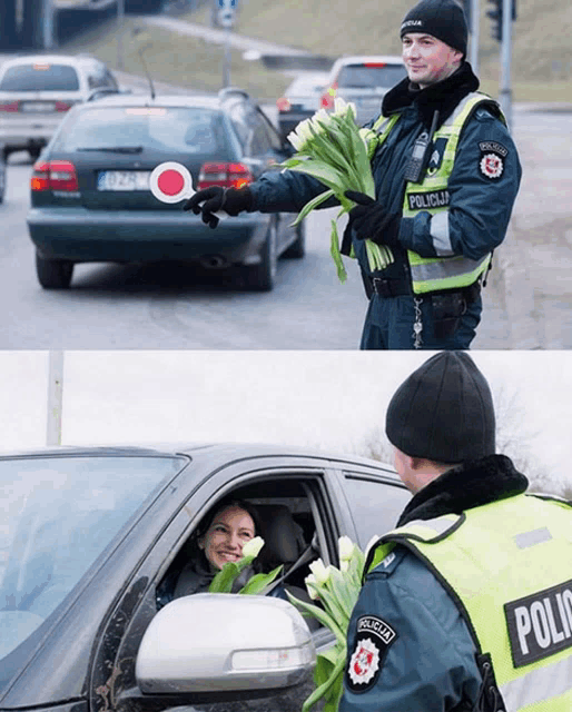 a police officer gives flowers to a woman sitting in a car
