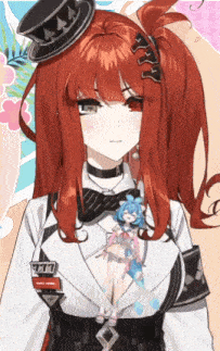 a girl with red hair is wearing a top hat and a badge that says ' tokyo ghoul ' on it