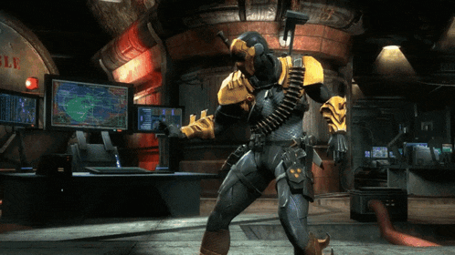 a video game character in a room with a sign that says ' s.l.f. '