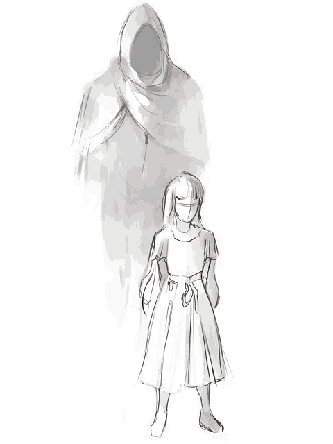 a girl in a white dress stands in front of a shadow