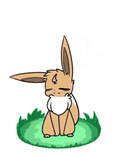 a cartoon drawing of a pink and white animal sitting on a grassy field