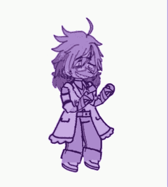 a drawing of a girl with purple hair and a purple coat .