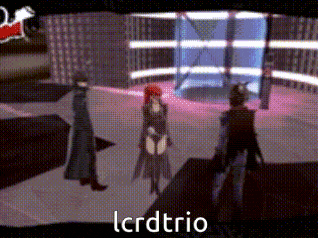 a group of people standing next to each other in a video game with the words lcrd trio written on the bottom .
