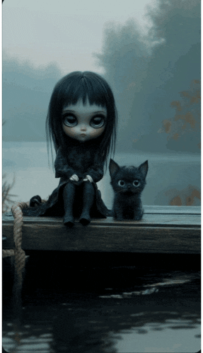 a doll sits on a dock next to a small black kitten