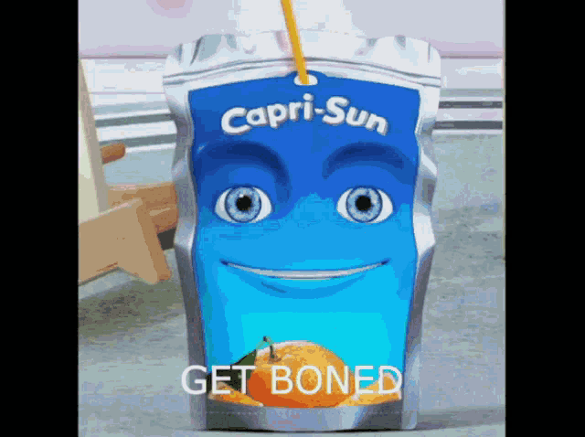 a bag of capri sun juice has a face on it and says get boned