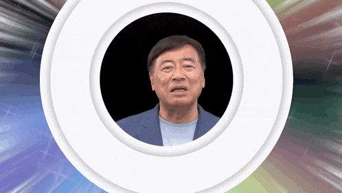 a man with a surprised look on his face is behind a white circle