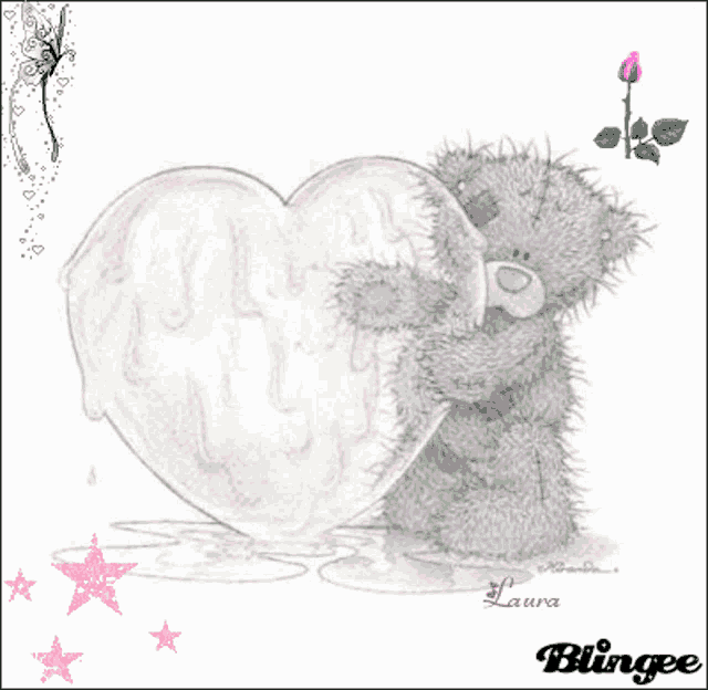 a drawing of a teddy bear hugging a heart shaped object