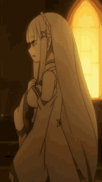 a girl with long white hair is standing in front of an archway