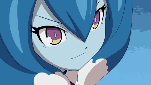 a cartoon character with blue hair and purple eyes is shown on a tv screen