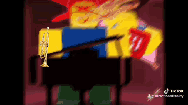 a trumpet is playing on a piano in a cartoon scene .