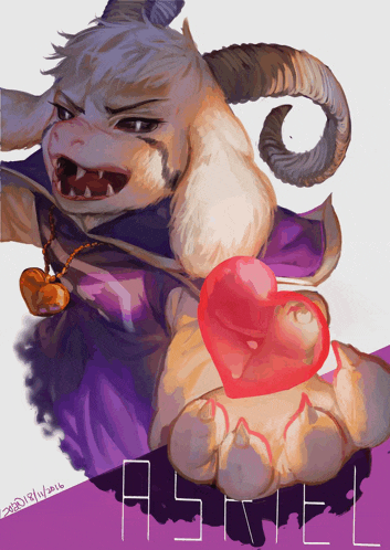 a drawing of a goat with horns holding a red heart and the word asriel written below it