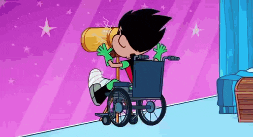 a cartoon character is sitting in a wheelchair looking through a telescope .