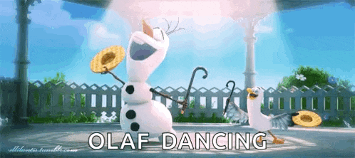 olaf from frozen is dancing with a duck and a cane