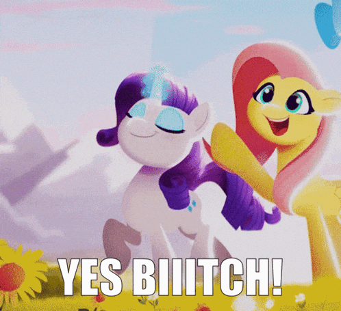 a picture of two ponies with the words " yes bitch " below them