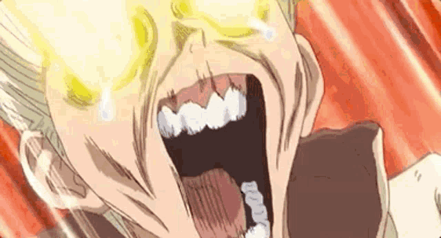 a close up of a person 's face with their mouth open and their eyes glowing .