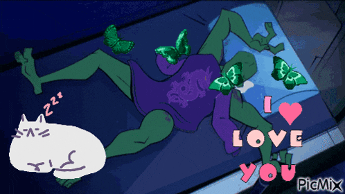 a cartoon of a person laying on a bed with the words love you