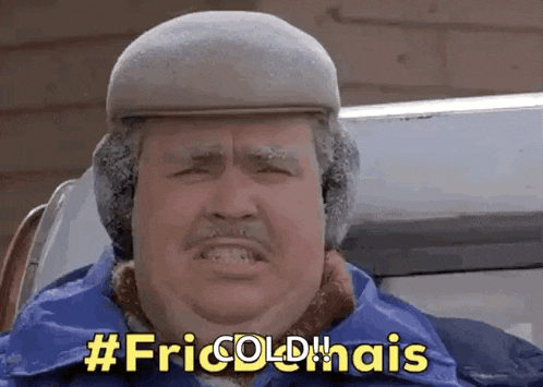 a man is wearing a hat and ear muffs and says #fricoldmais