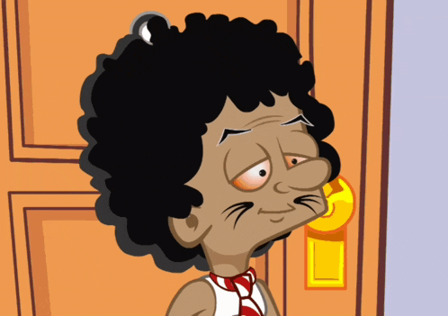 a cartoon drawing of a man with a black afro and a red tie