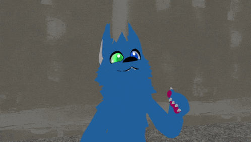 a blue furry animal with green eyes and pink teeth giving a thumbs up