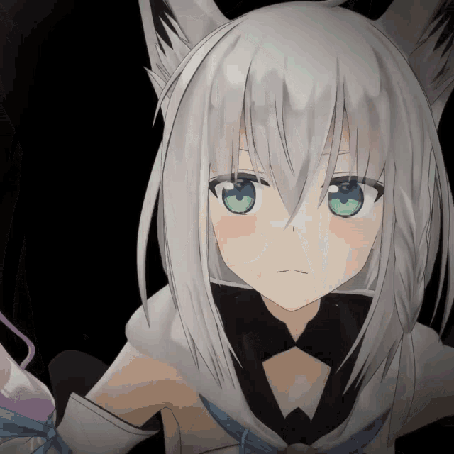 a girl with white hair and green eyes is looking at the camera