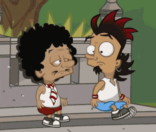 two cartoon characters are standing next to each other and one has a red mohawk