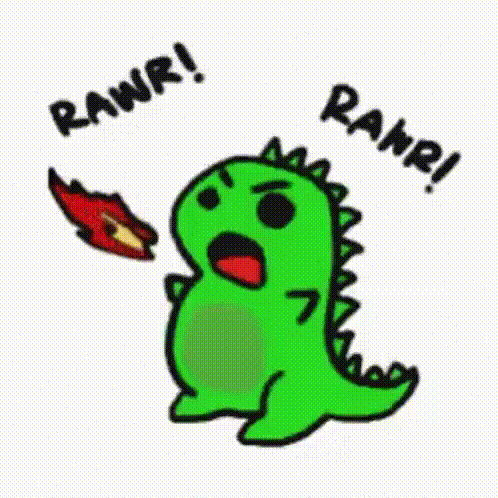 a cartoon of a green dinosaur with its mouth open and a fireball coming out of its mouth .