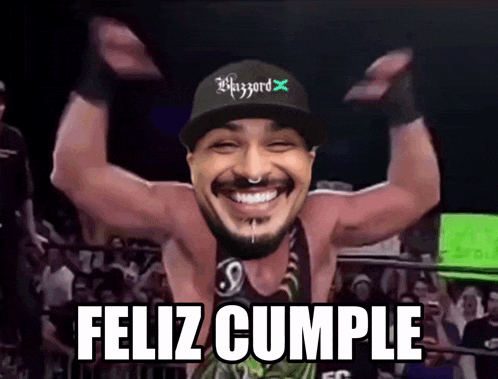 a man wearing a blizzard hat says feliz cumple in spanish