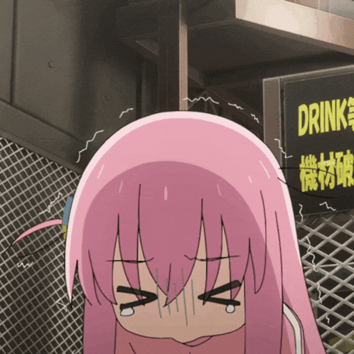 a girl with pink hair is standing in front of a sign that says drink