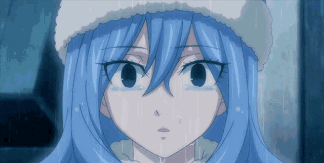 a close up of a girl with blue hair and a white hat