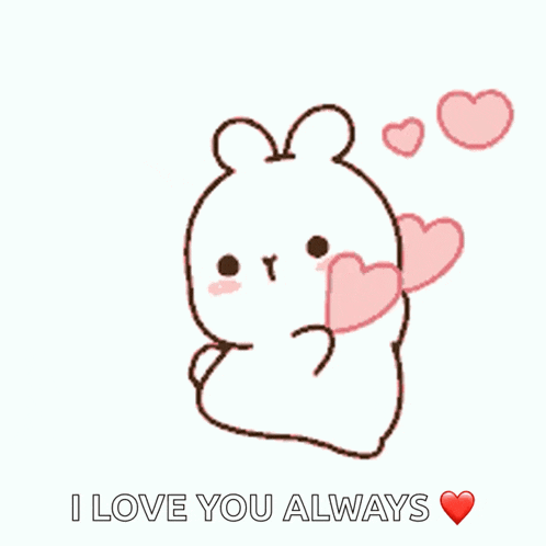 a cartoon of a rabbit holding two pink hearts and saying i love you always