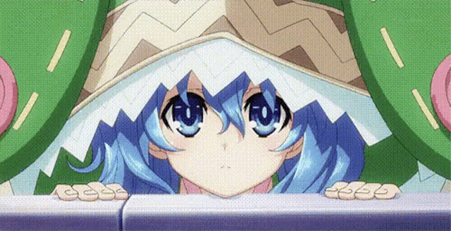 a girl with blue hair and a white hat is peeking out from behind a fence .