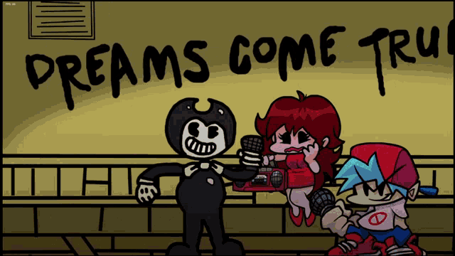 a cartoon of bendy and girlfriend with the words " dreams come true " above them