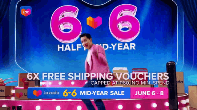 a man in a pink suit is dancing on a stage in front of a sign that says 6x free shipping vouchers