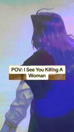 a woman is standing in front of a sign that says i see you killing a woman