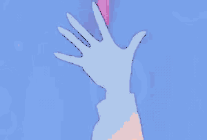 a pink hand is reaching out towards a blue and pink background .