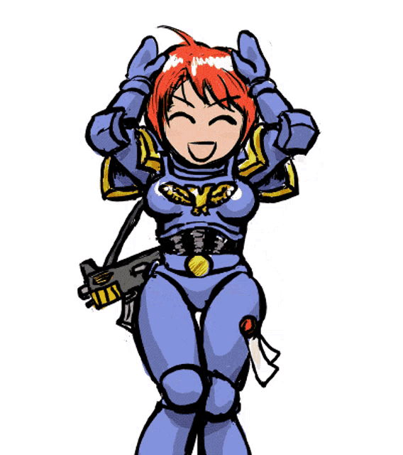 a drawing of a girl in a blue suit with a gun